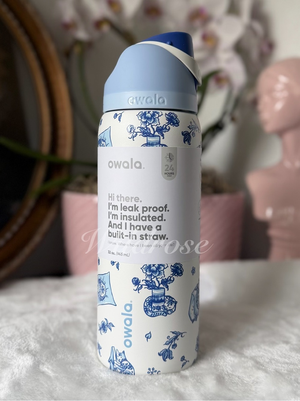 Owala Blue Delft Cat Collage Floral 32OZ Freesip leakproof tumbler new - Picture 3 of 7